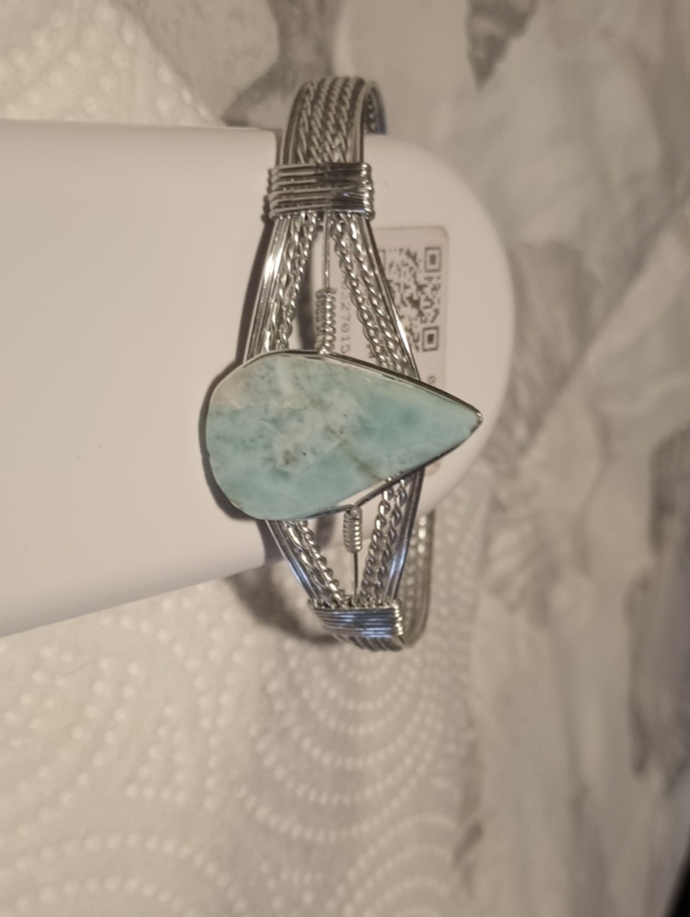 Handcrafted Silver Wire Larimar Teardrop Cuff Bracelet - Aqua Blue